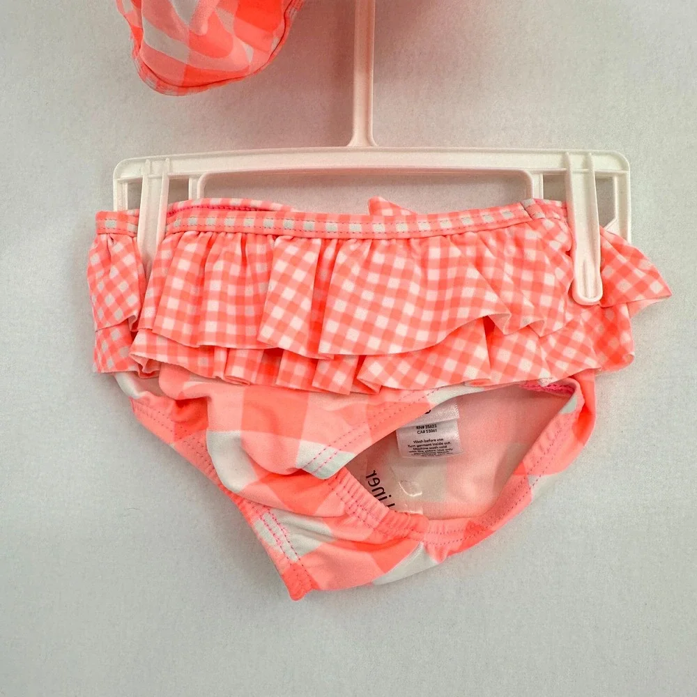 Carter's 2 Piece‎ Swimsuit Set Girls 6M Neon Pink White Gingham Ruffle Beach NWT
